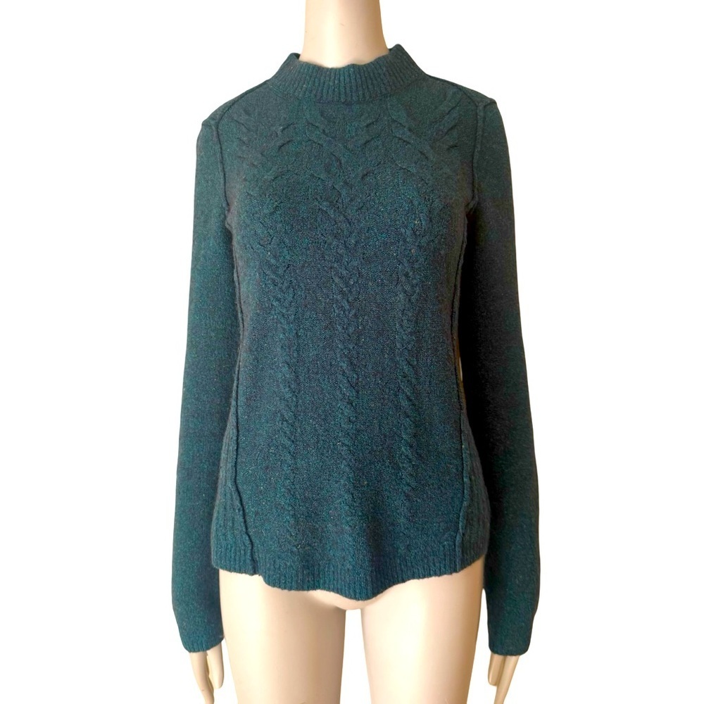FREE PEOPLE Teal Blue Cable Knit Sweater Mock Neck Wool Blend Soft Size S